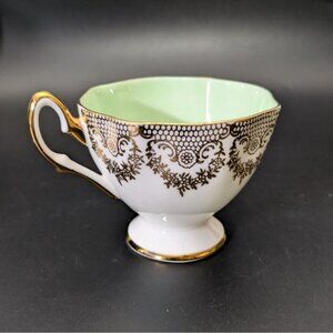 Salisbury Bone China Tea Cup Green Interior Gold Lace Trim Vintage England